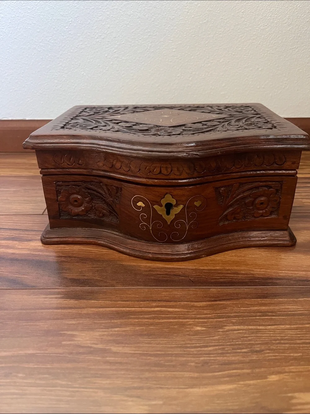 Hand-Carved Decorative Wooden Jewelry Box - Brown
